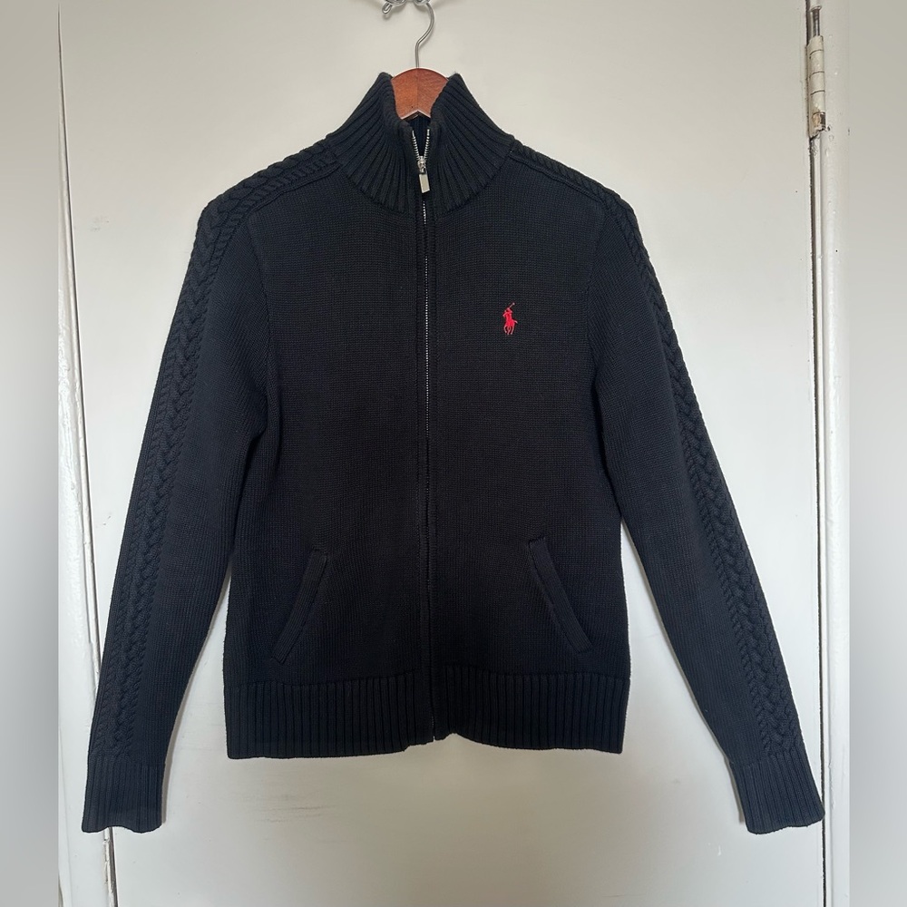 Ralph‎ Lauren Black Zip-Up Sweater with Red Emblem women size m 100 cotton